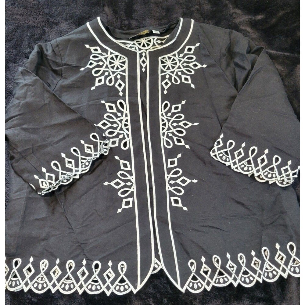 Vintage Bob Mackie Wearable Art White Black Embroidered Open Front Shirt XL